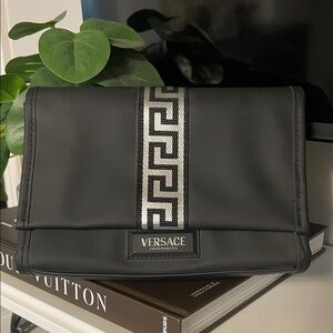 Versace Black Cosmetic Case with Silver Greek Key Accent